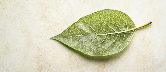 Wall Mural - vibrant green leaf gracefully resting on a light textured background showcasing natural beauty and s