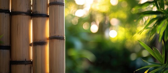 Wall Mural - Bamboo fence texture illuminated by warm summer light with a blurred lush green background natural aesthetics