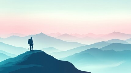 Aufkleber - Hiker stands on mountain ridge at dawn overlooking valley with colorful sky. Generative AI