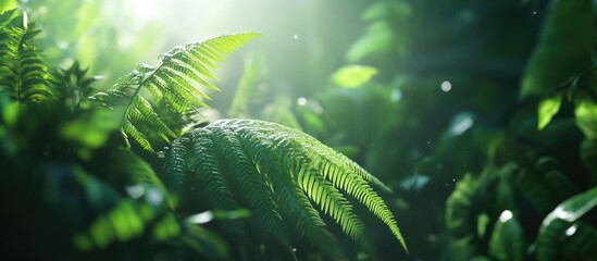 Wall Mural - Lush green ferns illuminated by soft sunlight in a serene outdoor setting showcasing nature's beauty and tranquility.