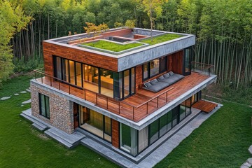 Wall Mural - Modern Bamboo Forest Home Aerial View