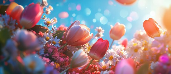 Wall Mural - Vibrant spring floral background with blooming tulips and daisies bathed in soft sunlight and bokeh effects for a refreshing atmosphere