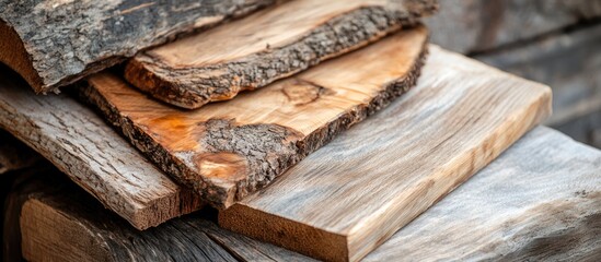 Wall Mural - Natural wood planks with bark texture arranged creatively for rustic interior design backgrounds