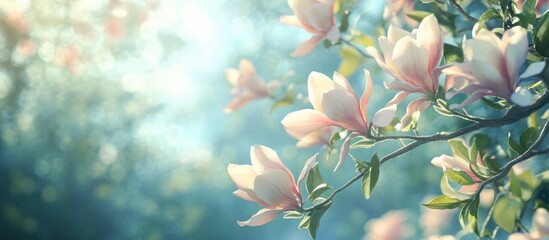Wall Mural - soft magnolia flowers in bloom with gentle light filtering through, creating a serene and tranquil b