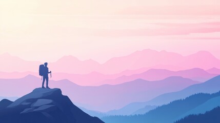 Aufkleber - Silhouette of a hiker on a mountain ridge during sunset exploring natures beauty. Generative AI
