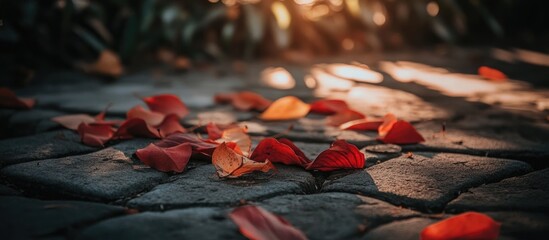 Wall Mural - colorful autumn leaves scattered on cobblestone pavement with warm sunlight illuminating the scene c