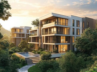 Wall Mural - modern residential building with wooden facade in warm golden hour light