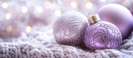 Wall Mural - elegant lilac christmas ornaments with intricate patterns resting on a soft knitted background illum
