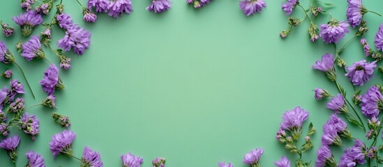 Wall Mural - Purple flowers framing a green background creating a floral backdrop with ample space for text or creative designs.