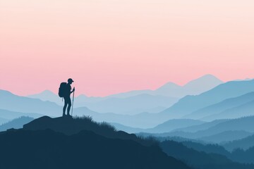 Aufkleber - Silhouette of hiker with backpack on mountain ridge at dusk with space for text. Generative AI