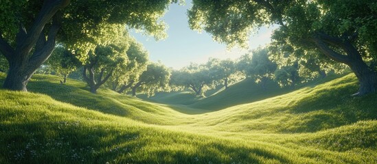 Wall Mural - Lush green landscape with majestic trees under a clear sky creating a tranquil and serene natural environment.