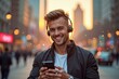 © PremiumPhoto - Urban Listening. Audio to text Adhd music ai Udio Creator marketplace Neckband earbuds Riverside transcription Murf soundon App Smiling young man with headphones using smartphone in