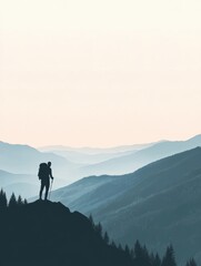 Aufkleber - Hiker stands on mountain ridge overlooking vast landscape at sunrise, ready for adventure and exploration. Generative AI