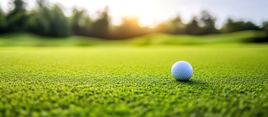 Wall Mural - Closeup of bright green golf turf with a golf ball and soft sunlight creating an inviting atmosphere for advertisements or promotional content