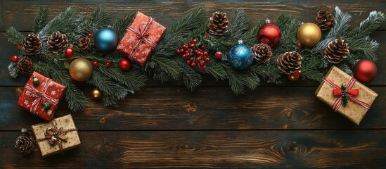 Aufkleber - Christmas Tree Branch with Ornaments Cones Gifts and Decorations on Rustic Wooden Background Vintage Holiday Scene