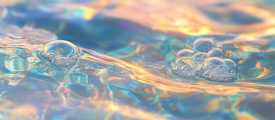 Leinwandbilder - Close-up of luminous bubbles floating in water with an iridescent blue background creating a serene and tranquil atmosphere.