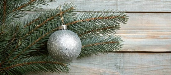 Aufkleber - Christmas tree branch adorned with silver ornament resting on rustic wooden background creating a festive holiday atmosphere.
