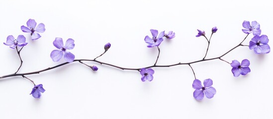 Wall Mural - Violet flower branch delicately arranged on a white background showcasing the beauty of nature and floral elegance