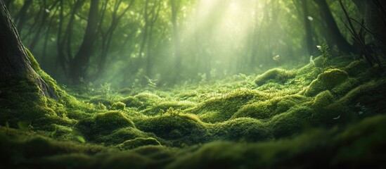 Aufkleber - Lush Green Bryopsida Moss Blanketing Forest Floor with Soft Sunlight Filtering Through Trees