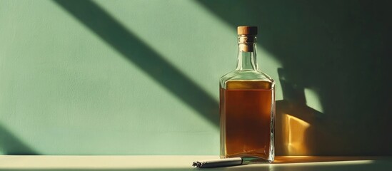 Leinwandbilder - Alcohol bottle and cigarette on a surface with shadows creating empty space for text in a minimalist setting.