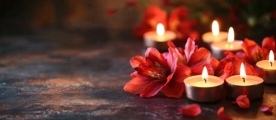 Fototapete - Elegant Candles Surrounded by Vibrant Red Flowers with Space for Custom Text or Message in a Warm Ambiance