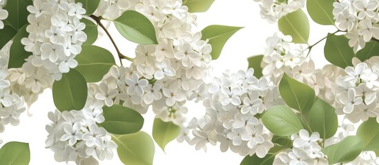 Poster - White lilac blossoms with lush green leaves creating a serene floral composition for spring decor and design projects
