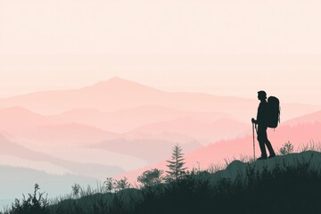 Aufkleber - Silhouette of a hiker on a mountain ridge with beautiful sunrise colors in the background. Generative AI