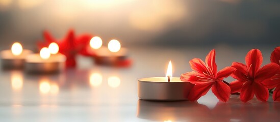 Fototapete - Burning Candles and Vibrant Red Flowers with a Soft Background and Text Space for Relaxation or Celebration Themes