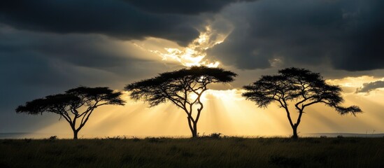 Poster - Silhouetted tree branches under a dramatic cloudy sky with rays of sunlight illuminating the landscape in the background