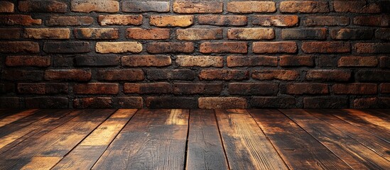 Aufkleber - Rustic brick wall with polished wooden floor in warm tones perfect for interior design, background, or decorative uses in photography.
