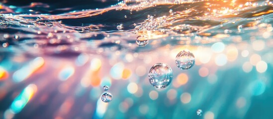 Aufkleber - Illuminated bubbles rising in clear water with soft reflections and colorful light patterns in a tranquil aquatic environment
