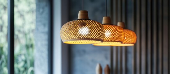 Aufkleber - Stylish wicker lampshade chandelier with warm lighting creating a cozy ambiance in a modern interior setting.