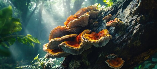 Aufkleber - Colorful Bracket Fungi on a Tree Trunk in Forest Light Natural Environment with Greenery and Soft Sunlight Filtering Through Trees