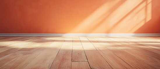 Fototapete - Minimalistic hardwood floor with Apricot Crush color wall and warm sunlight creating space for text or design elements.