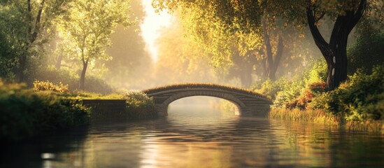 Poster - Tranquil canal travel scene in a lush landscape with a serene bridge and space for text overlay showcasing nature's beauty
