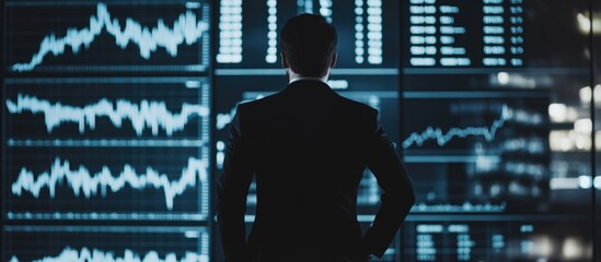 Aufkleber - Businessman analyzing stock market data with empty space for text in a modern office setting focused on strategy and investment planning