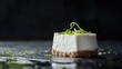 © -Quantum Pixels- - Coconut cheesecake slice garnished with lime zest on dark surface with ample copy space for text or advertising purposes