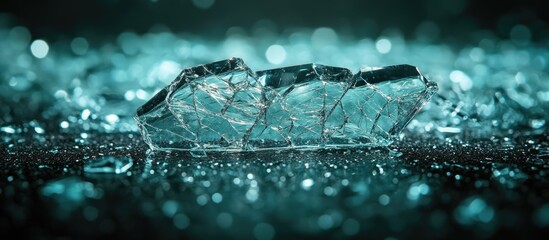Aufkleber - Shattered glass pieces on a reflective surface with a glowing aqua background creating an abstract and artistic visual effect.