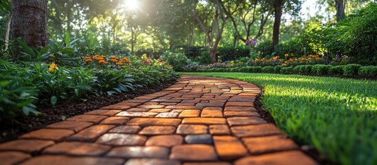 Poster - Curved brick pathway surrounded by vibrant greenery and flowers in a serene garden setting with sunlight filtering through trees.