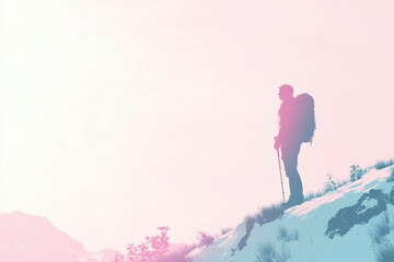 Aufkleber - Majestic view with a hiker on a mountain ridge during sunrise and open space for personal thoughts. Generative AI