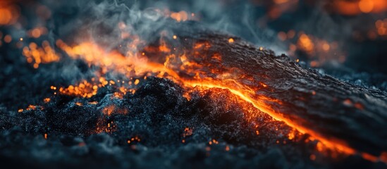 Aufkleber - Fiery close-up of burning wood in a fireplace with smoke and vibrant orange flames creating a cozy atmosphere and blank space for text.