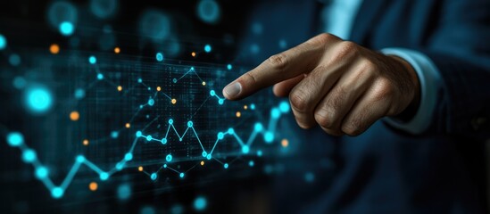 Poster - Businessman Analyzing Growth Data With Pointing Finger and Blank Space for Custom Text in Modern Office Environment