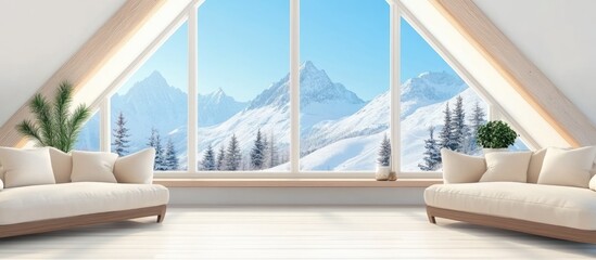 Poster - Luxury attic living room design featuring a stunning mountain view and ample space for text in a serene ski lodge setting.