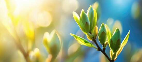 Poster - Fresh Green Buds on Tree Branches Glowing Under Spring Sunshine with Soft Focus Background