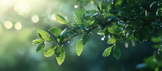 Aufkleber - Young oak leaves glistening with dew drops in soft morning light showcasing nature's freshness and tranquility.