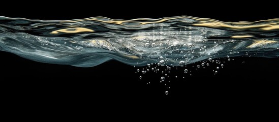 Poster - Bubbles rising in clear water against a dark background creating an abstract underwater scene with shimmering light reflections.