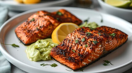 Poster - A white plate with Keto Blackened Salmon with Avocado Cream.