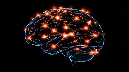 Fototapete - Scientific depiction of the brain with glowing neuron pathways and electrical activity. Generative AI