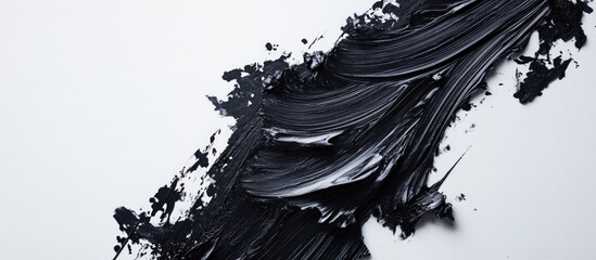 Poster - Black oil paint brushstrokes on a white canvas creating abstract artistic texture in a top view composition for creative design projects