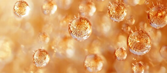 Leinwandbilder - Brown water droplets on glass surface with blurred orange background creating a textured abstract pattern of light and moisture.